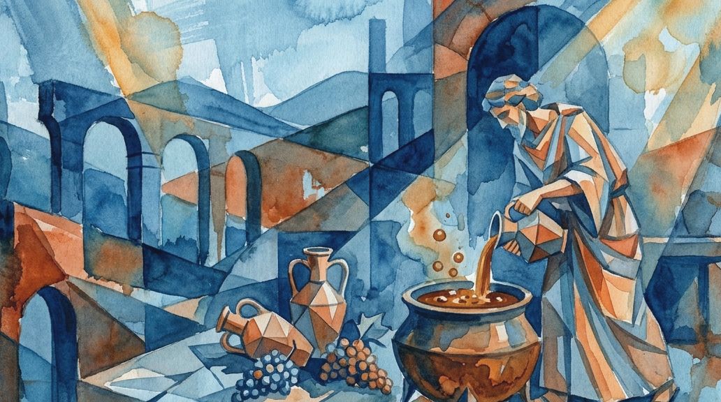 An angular watercolor shows a Roman figure boiling a wine mixture in a cauldron amidst blue ruins.