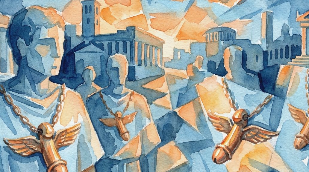 . In dark blue with light blue and warm orange accents. Painted in a cubist watercolor style.