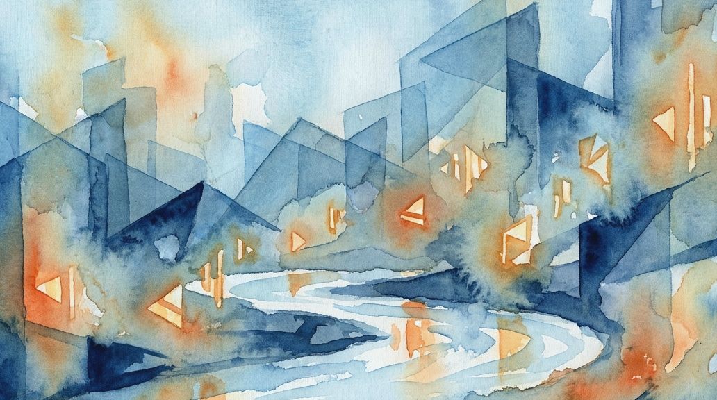 Sparse orange lights amidst deep blue watercolor shapes illustrate the minimal Rotokas phonemes.