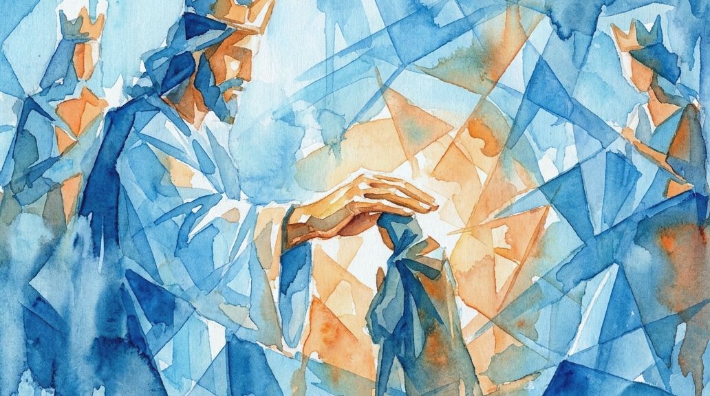 A blue and orange watercolor shows a king figure touching a kneeling person for a royal healing.