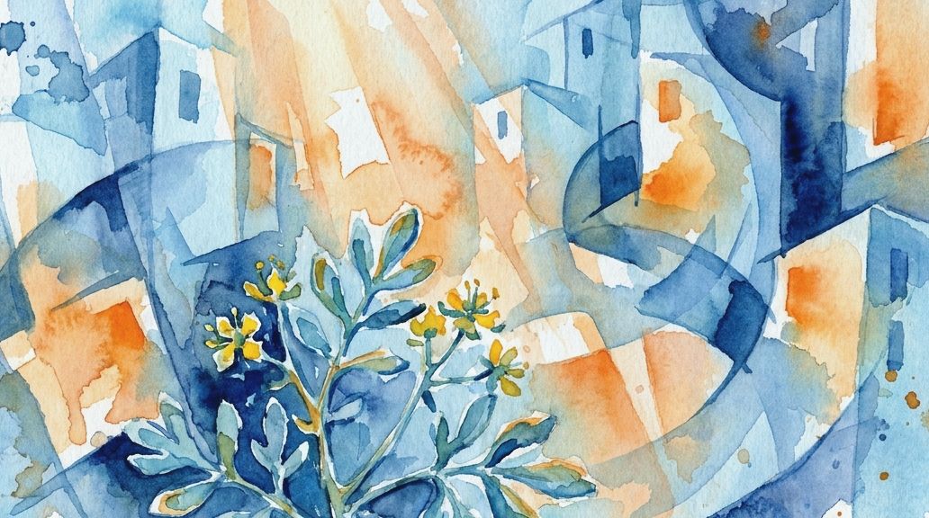 A watercolor of flowering rue against abstract blue protective shapes and orange washes.