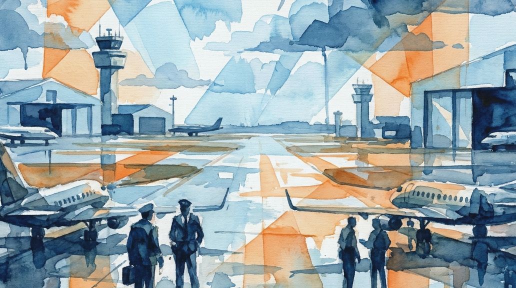 A blue and orange watercolor shows pilots and planes on an airport runway amidst fragmented shapes.