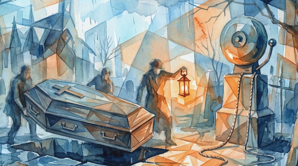 A watercolor in blues and oranges depicts a burial scene with a safety coffin bell and ropes.