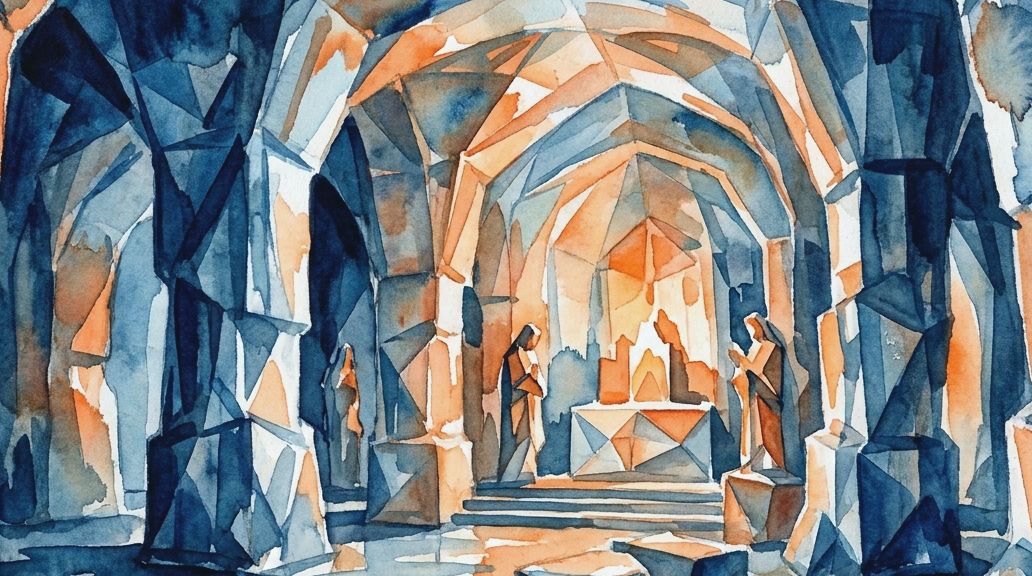 A watercolor painting of the Salt Chapel in Wieliczka, showing faceted rock in blues and warm.