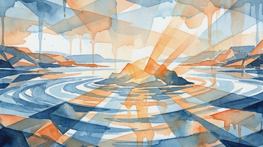 A sandy island glows orange amidst deep blue watercolor waves and fractured sky rays in this.