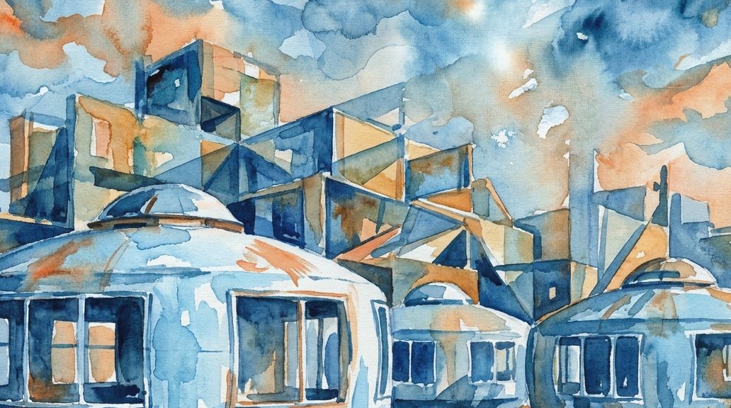 A watercolor painting of Sanzhi UFO pods in blues and rust oranges against abstract structures.