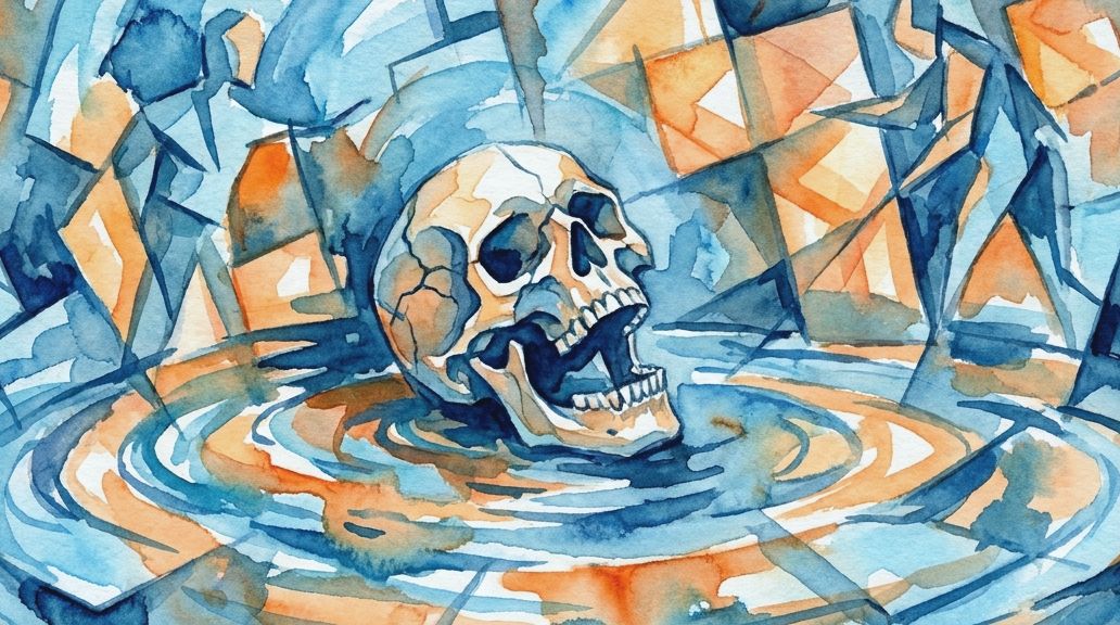 A watercolor painting in blues and oranges shows a screaming skull amidst ripples and shapes.