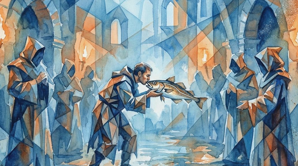 A fragmented watercolor in blues and oranges depicts kissing a cod for a Newfoundland screech-in.