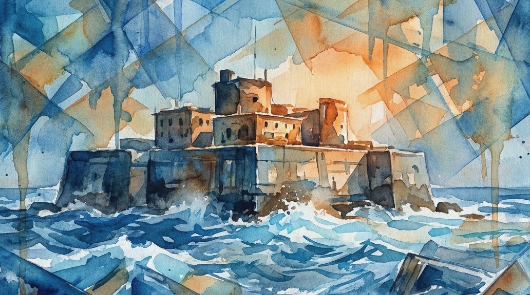 A watercolor artwork uses overlapping blue and orange washes to depict the Sealand sea fortress.
