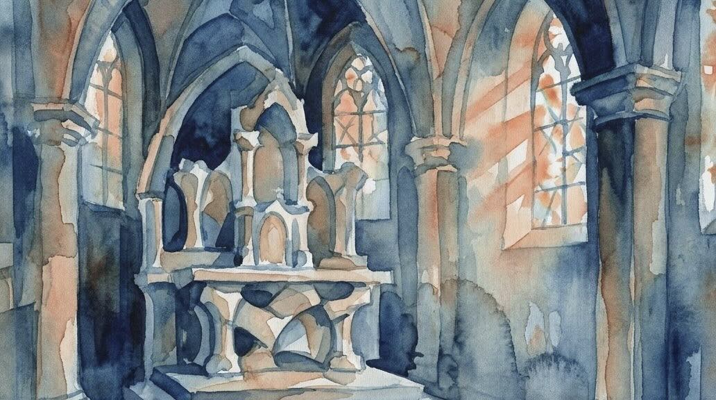 A watercolor of the Sedlec Bone Church interior architecture in deep blues and atmospheric oranges.