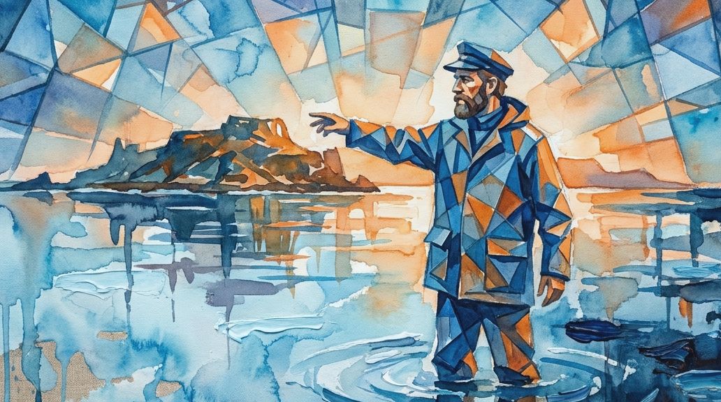 A watercolor painting in blues and oranges portrays a marooned sailor pointing to a rugged island.