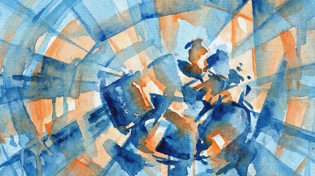 Blue and orange abstract watercolor with repetitive forms symbolizing semantic satiation.