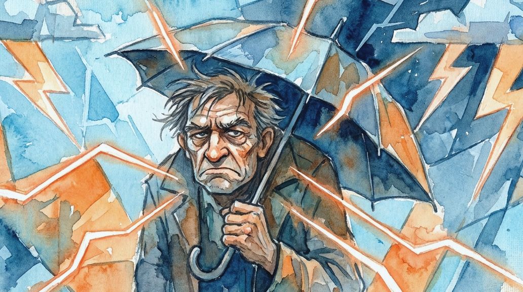 A watercolor painting shows a man under an umbrella, surrounded by seven lightning strikes in.