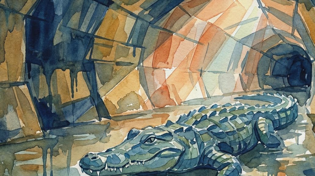 A watercolor painting in blues and oranges shows a large alligator inside a dark sewer tunnel.