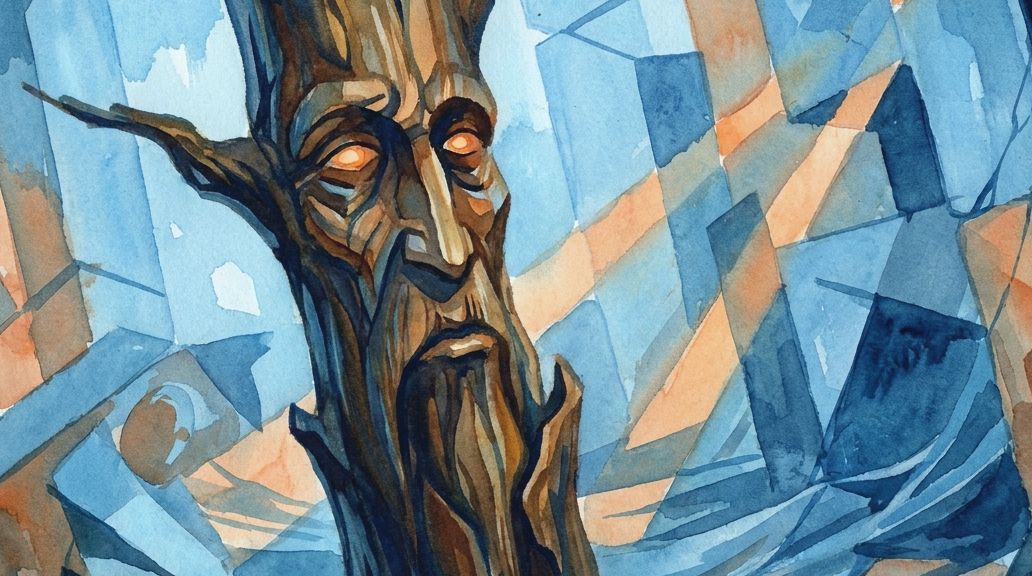 A watercolor of the ancient wooden Shigir Idol face with glowing eyes in blue and orange hues.