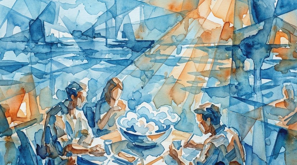 Abstract blue and orange watercolor showing diners around a bowl of white shirako fish milt clouds.
