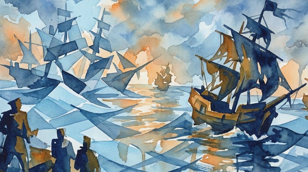 A watercolor painting depicts the naval bombardment of Zanzibar in deep blues and fiery orange hues.