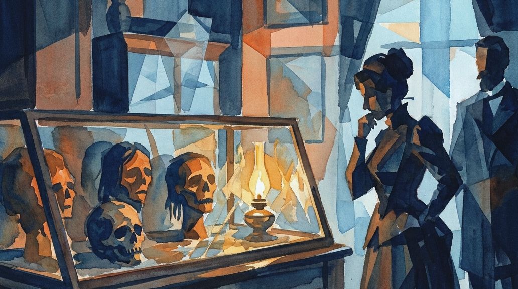 A watercolor painting in blues and oranges shows Victorians viewing shrunken heads in a lit case.