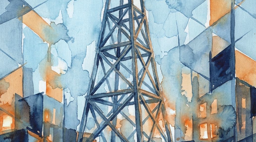 A watercolor piece depicts a Shukhov hyperboloid tower and buildings in deep blue and orange tones.