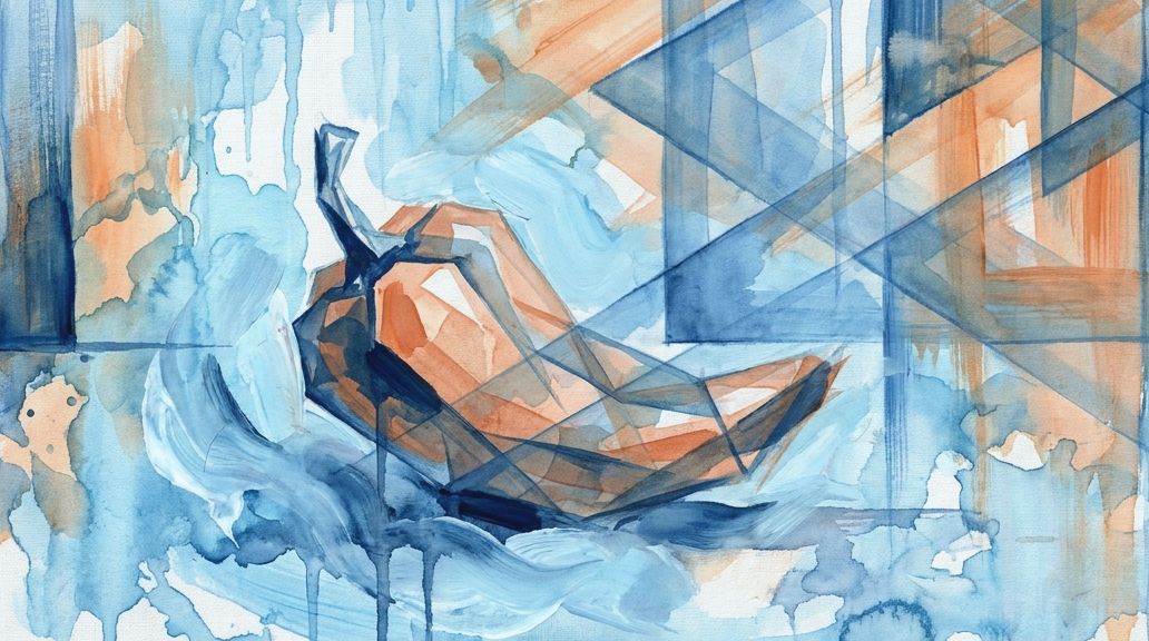 A watercolor painting displays an orange chili pepper amidst blue washes, hinting at Sichuan spice.