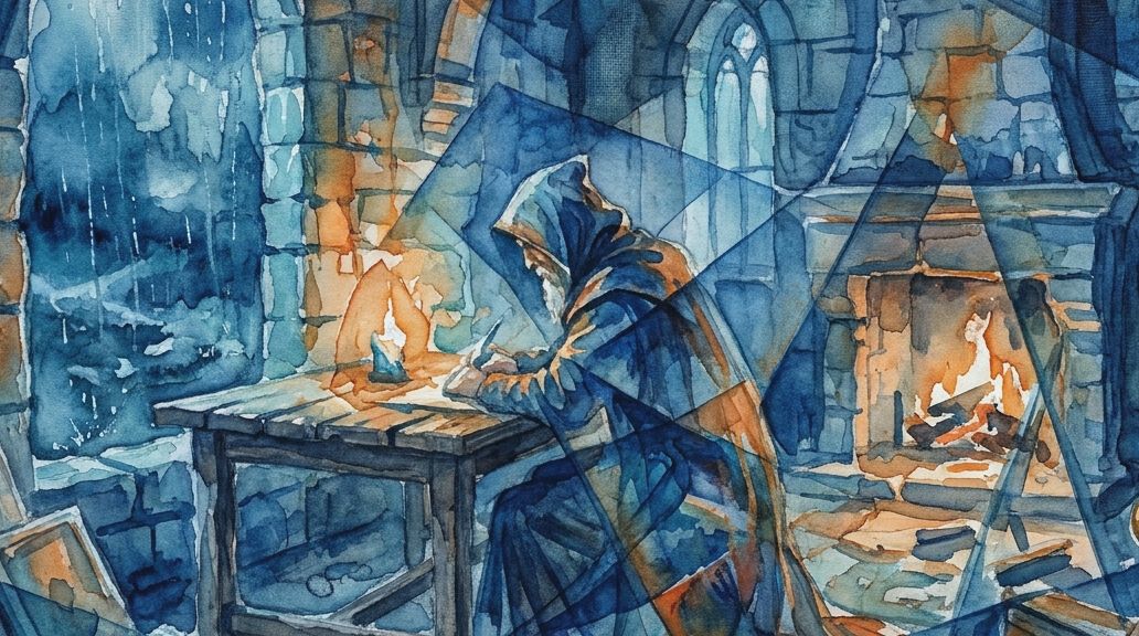 A somber watercolor in deep blues and fiery oranges depicts a solitary hooded sin-eater at a desk.