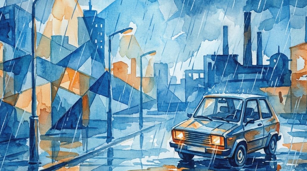 A rainy watercolor in blues and oranges shows a small car, representing the Sinclair C5 era.