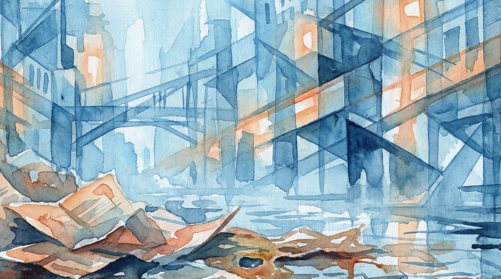 A watercolor painting of abstract blue city forms and orange trash piles, hinting at discarded gum.