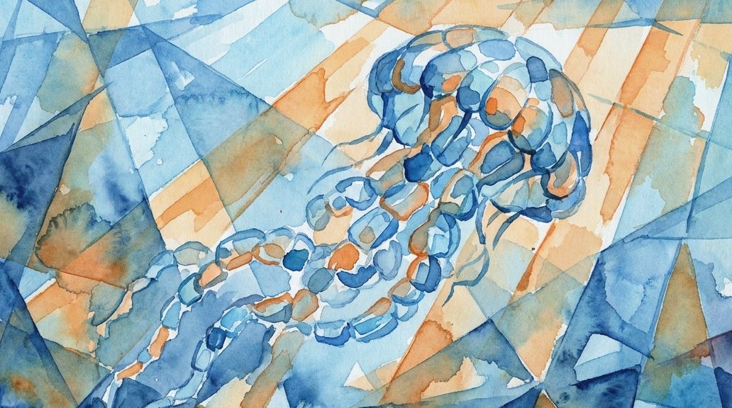 A fragmented watercolor painting depicts a siphonophore colony in deep blues and warm oranges.