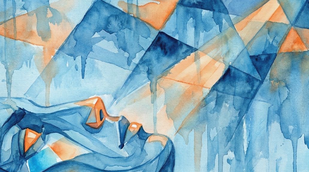 A watercolor in blues and oranges shows abstract shapes symbolizing scent on facial skin.
