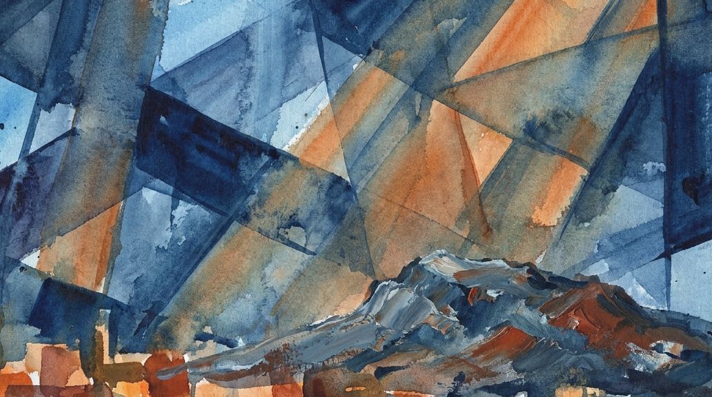 Watercolor washes in deep blues and warm oranges create a small mountain under intersecting light.