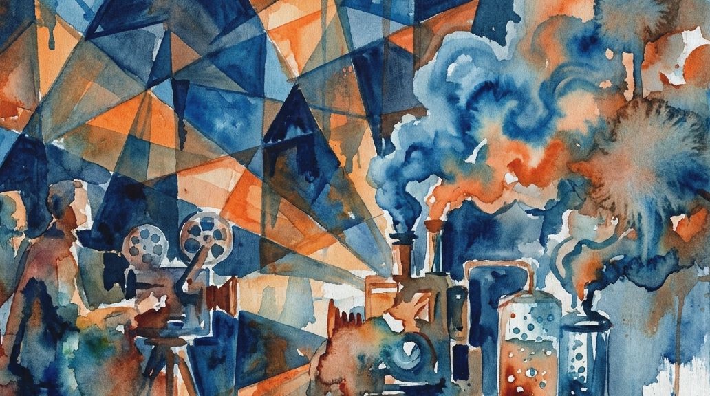 Watercolor of a projector and a smoking machine, showing a Smell-O-Vision fail in blue and orange.