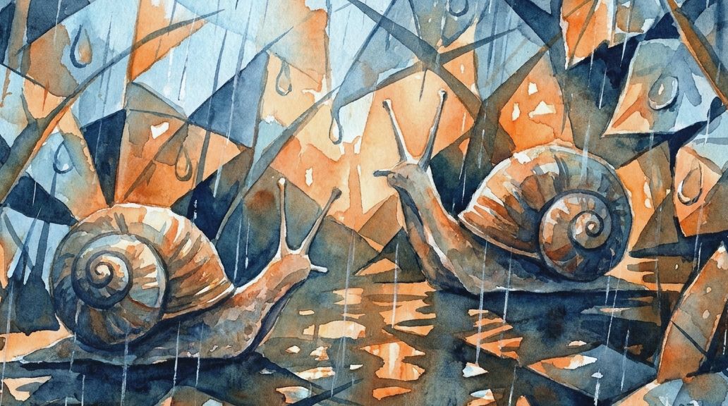 Two snails face each other in a rainy, abstract watercolor painting with moody blues and oranges.