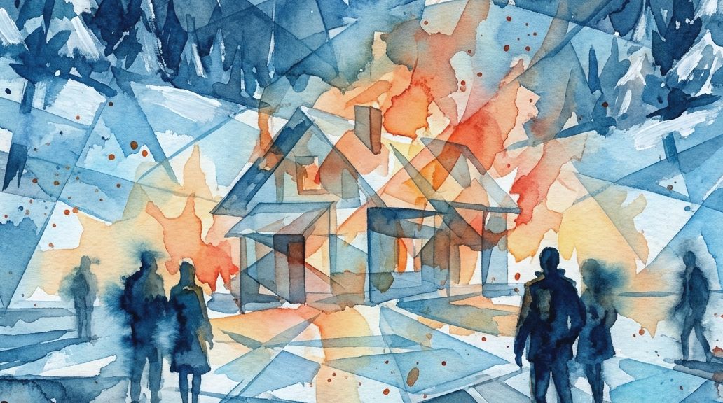A fragmented watercolor painting in blues and oranges shows a house on fire with figures watching.