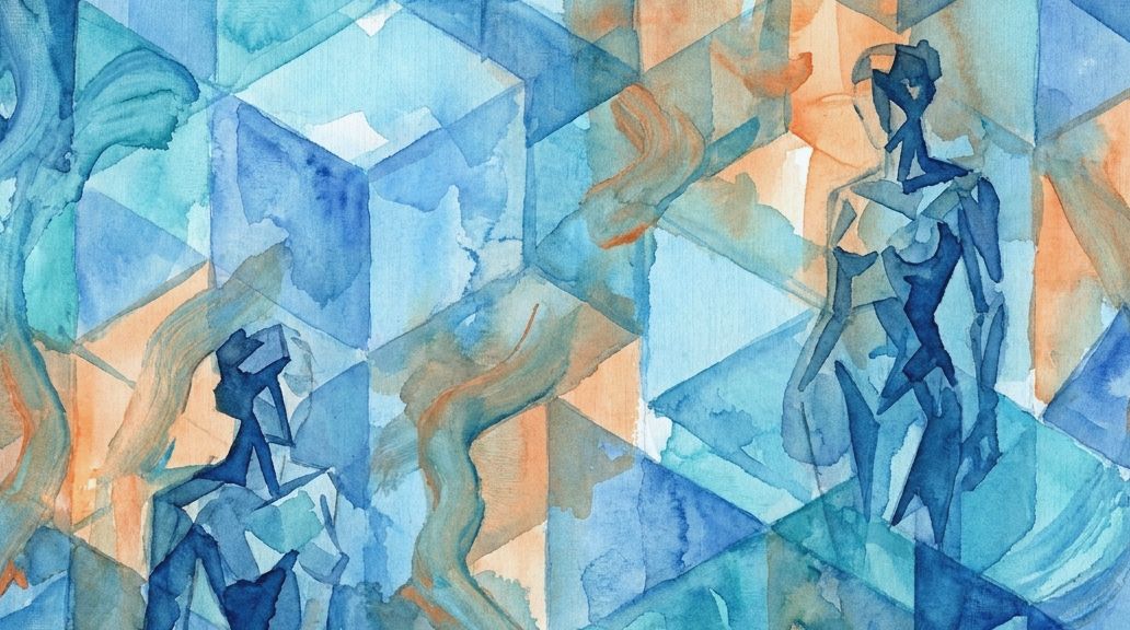Two abstract figures rendered in blue and orange watercolor washes suggest preserved ascetic monks.