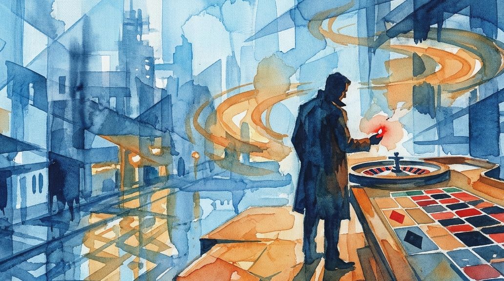 A watercolor painting in blues and oranges shows a lone figure at a roulette table with swirling.