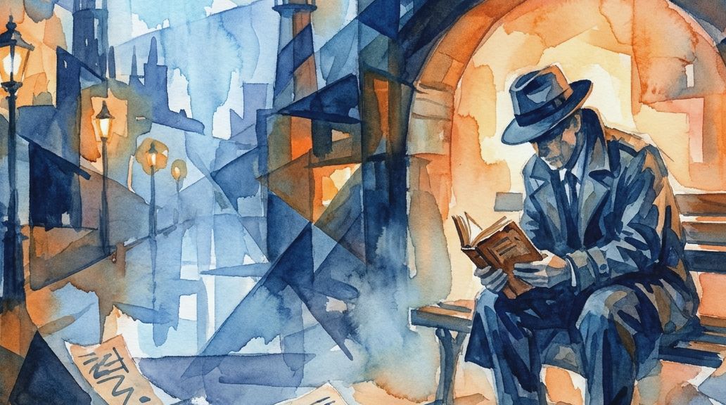 A watercolor painting in blues and oranges shows a man reading a book, evoking the Somerton Man.
