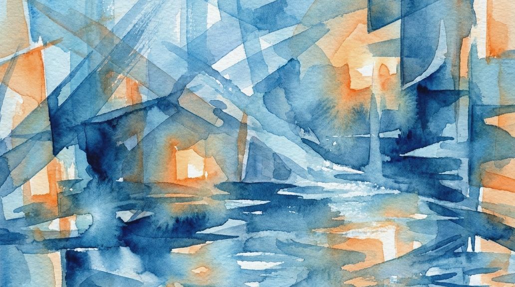 A watercolor painting with blue and orange abstract shapes, interpreting sound symbolism.