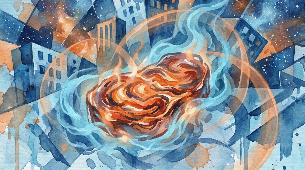 A watercolor illustration depicts a swirling orange cosmic scent plume in blue smoke over city.