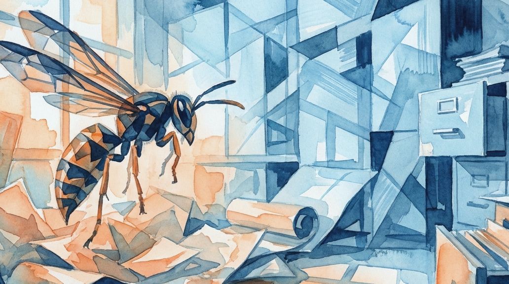 A watercolor of a sphex wasp on paper in a ritualistic pose, using blues and oranges.