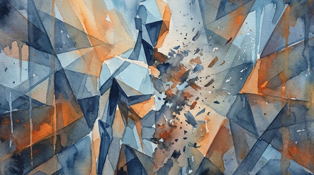 A watercolor shows a human form combusting into blue, grey, and orange fragments.