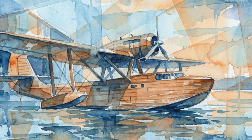 A watercolor painting of a large wooden seaplane like the Spruce Goose in blue and orange tones.