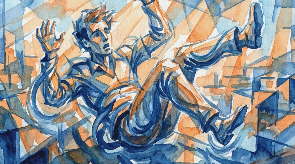 A watercolor illustration in blues and oranges shows an alarmed man falling backward in a startled.