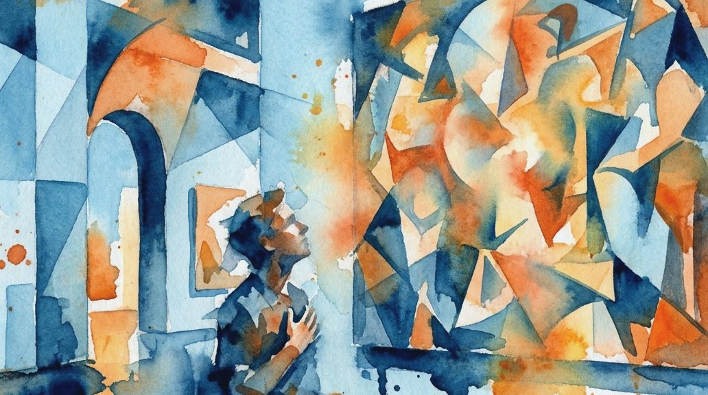 A watercolor painting depicts a figure overwhelmed by a large artwork in a blue and orange gallery.