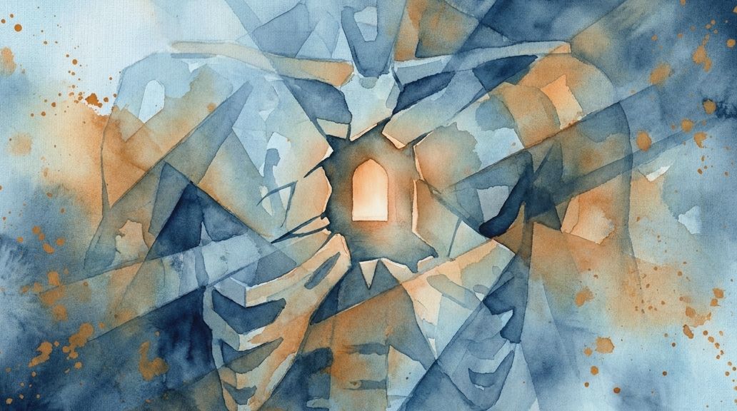 Watercolor painting shows a central orange hole in a blue and orange human sternum.