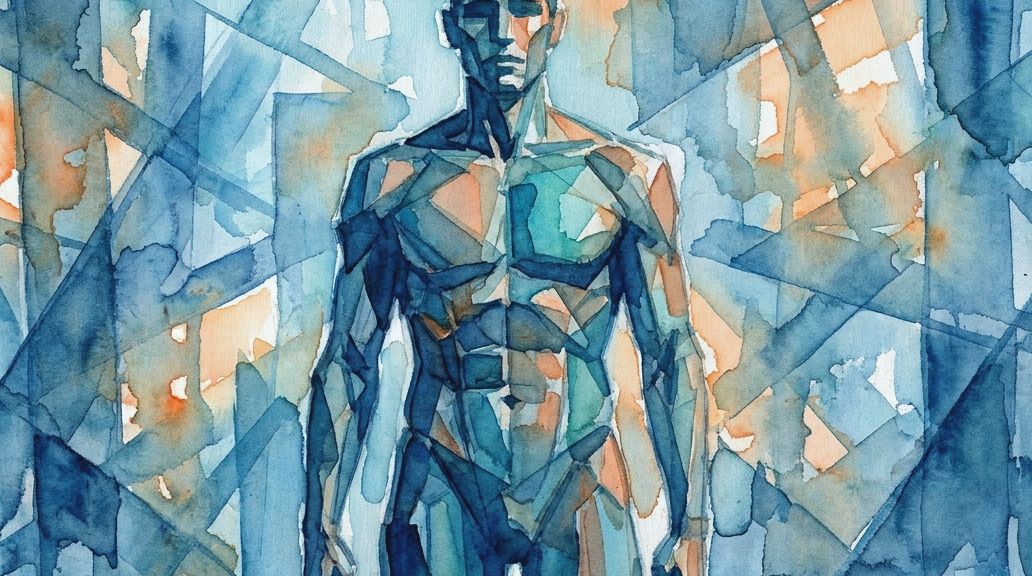 A watercolor illustration in blues and oranges shows a man's body locked in a rigid, tense pose.