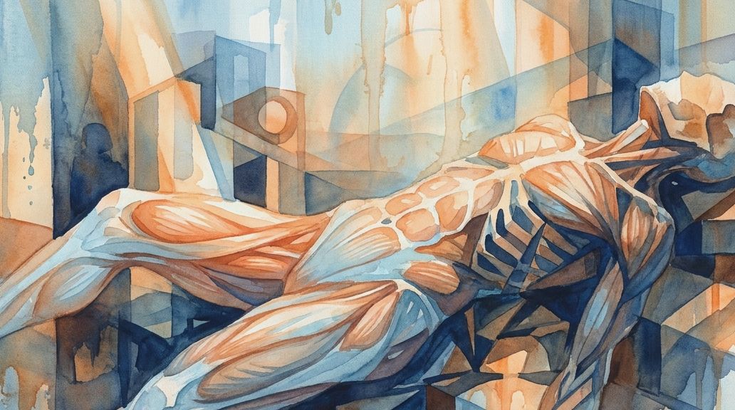 A blue and orange watercolor painting of a human figure with rigid, block-like muscles, like stone.