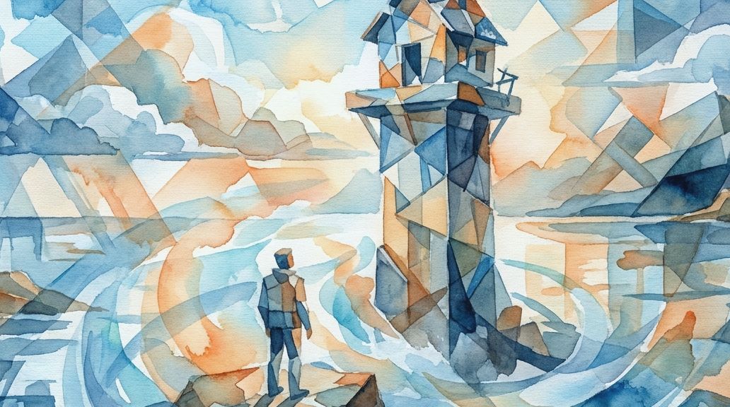 A watercolor in blues and oranges shows a figure gazing at a tall stylite pillar and dwelling.