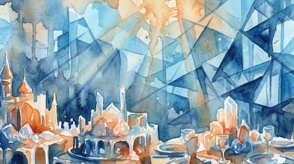 This watercolor painting in deep blues and oranges shows a table set with elaborate sugar castles.