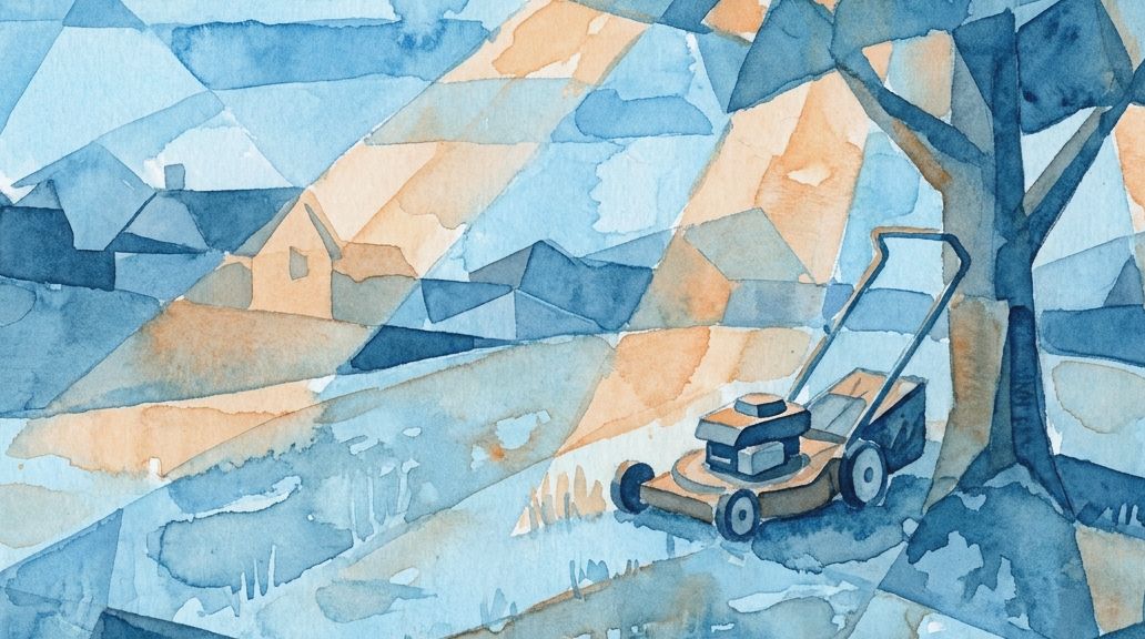 A fractured watercolor painting in blues and oranges shows a lawnmower sitting idle by a tree.