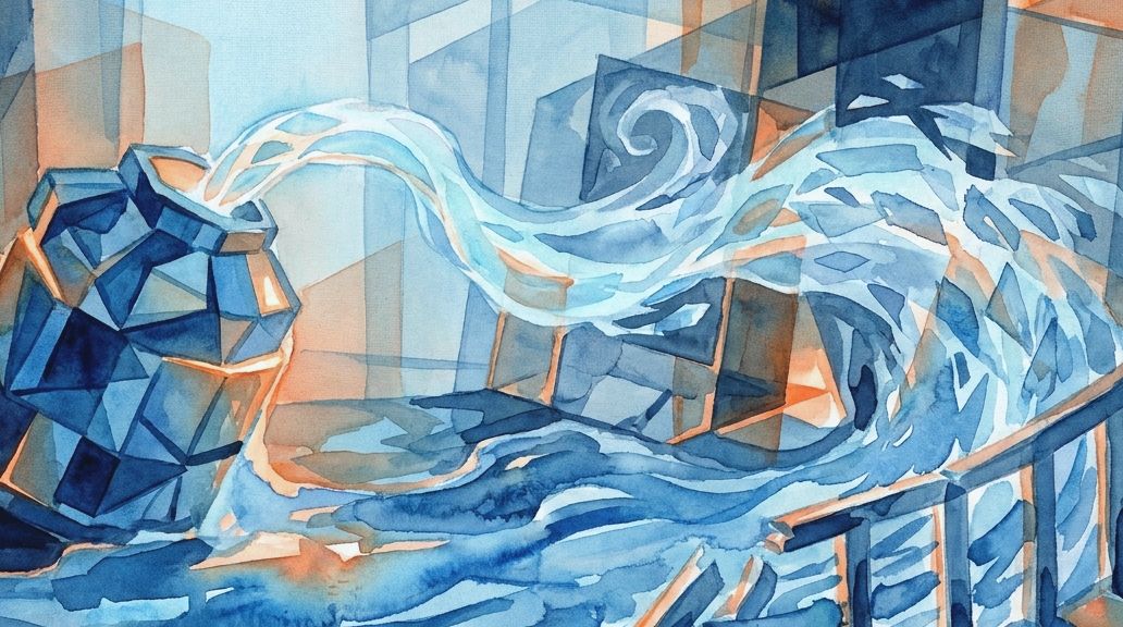 Blue watercolor flowing like a superfluid film from a faceted pot over abstract orange structures.